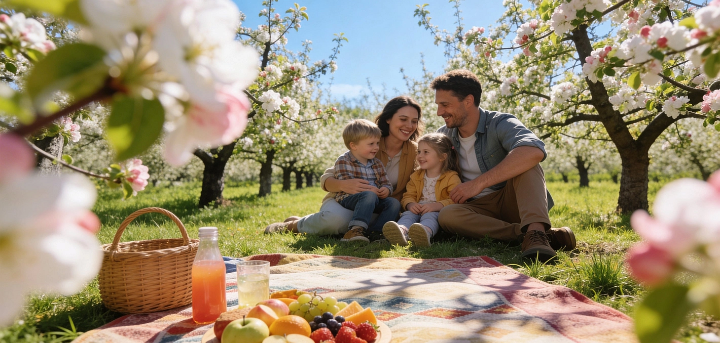 Familie in der Apfelblüte